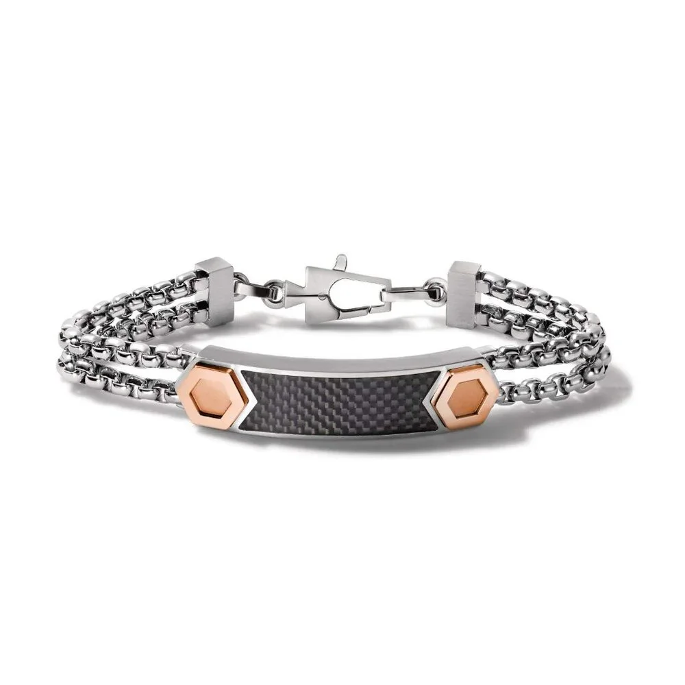 Stainless Steel Double-Chain ID Bracelet with Black Carbon Fiber Inlay